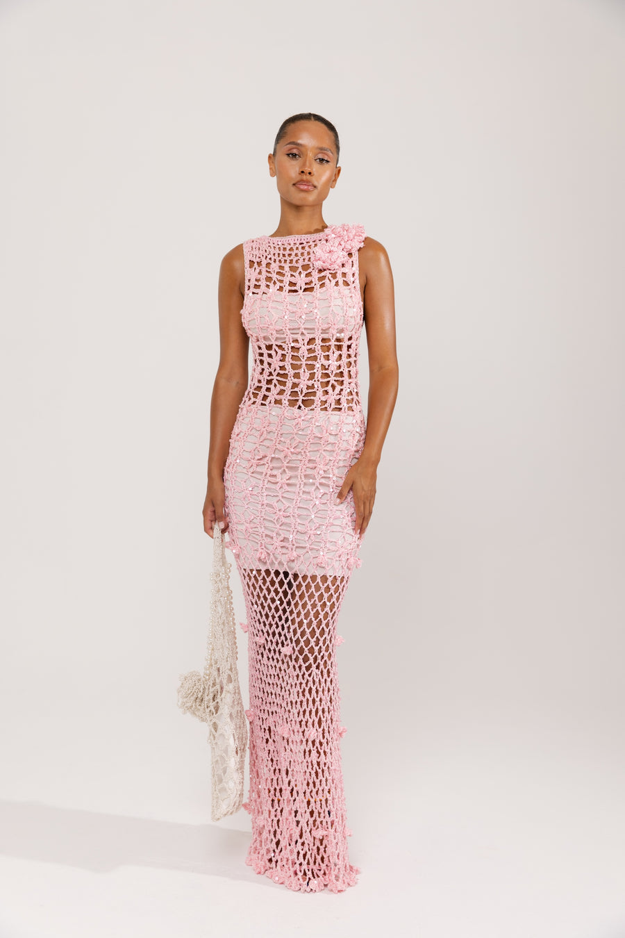 womens women's pink crochet dress