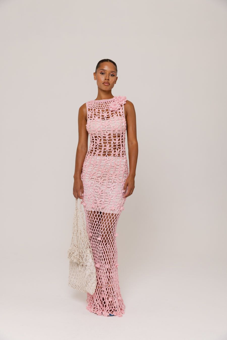 womens women's pink crochet dress