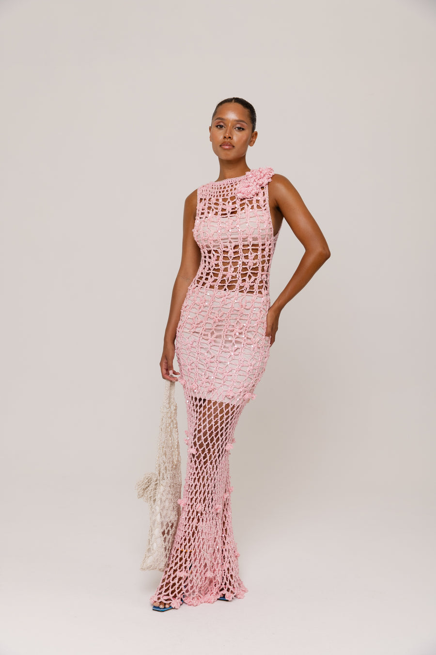 womens women's pink crochet dress