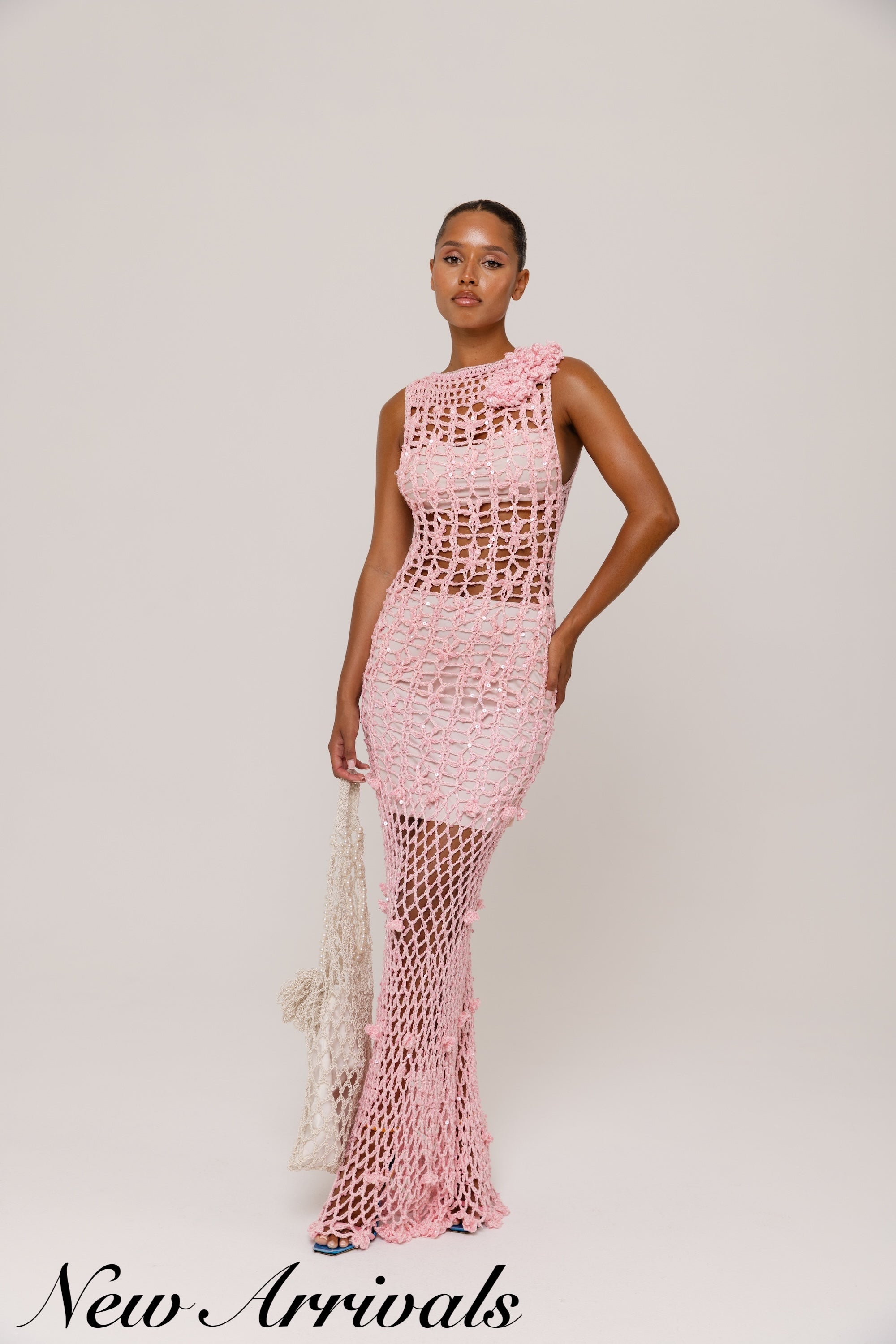 andreeva women's pink maxi crochet dress