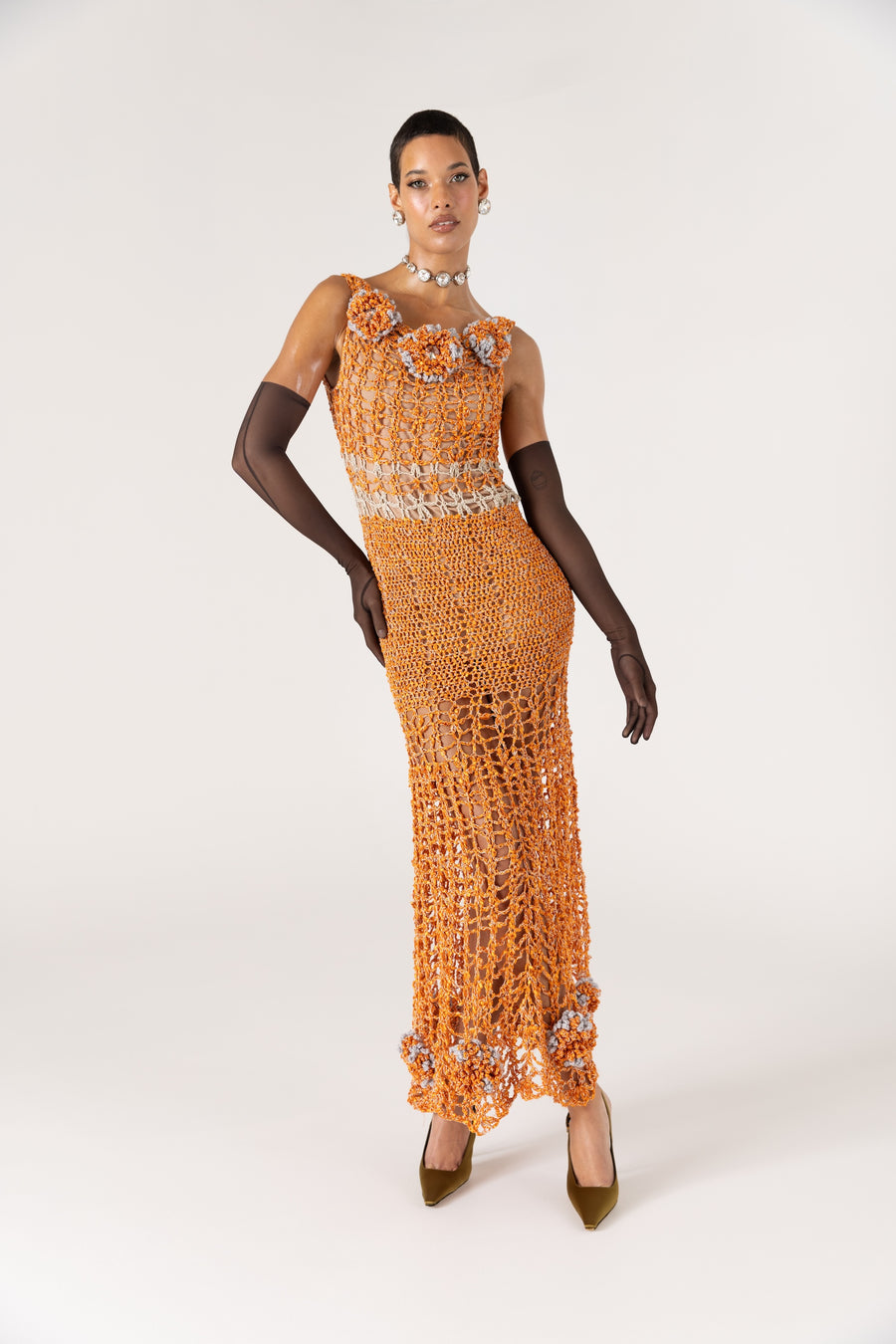 andreeva women's orange maxi crochet dress