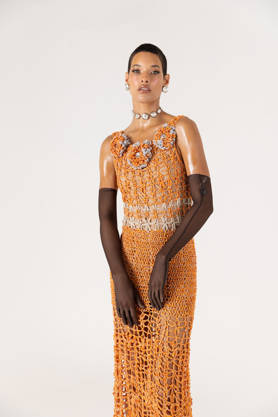 andreeva women's orange maxi crochet dress