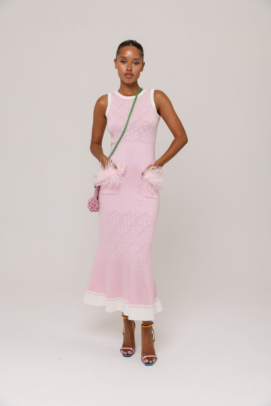 andreeva womens pink knit dress with feathers