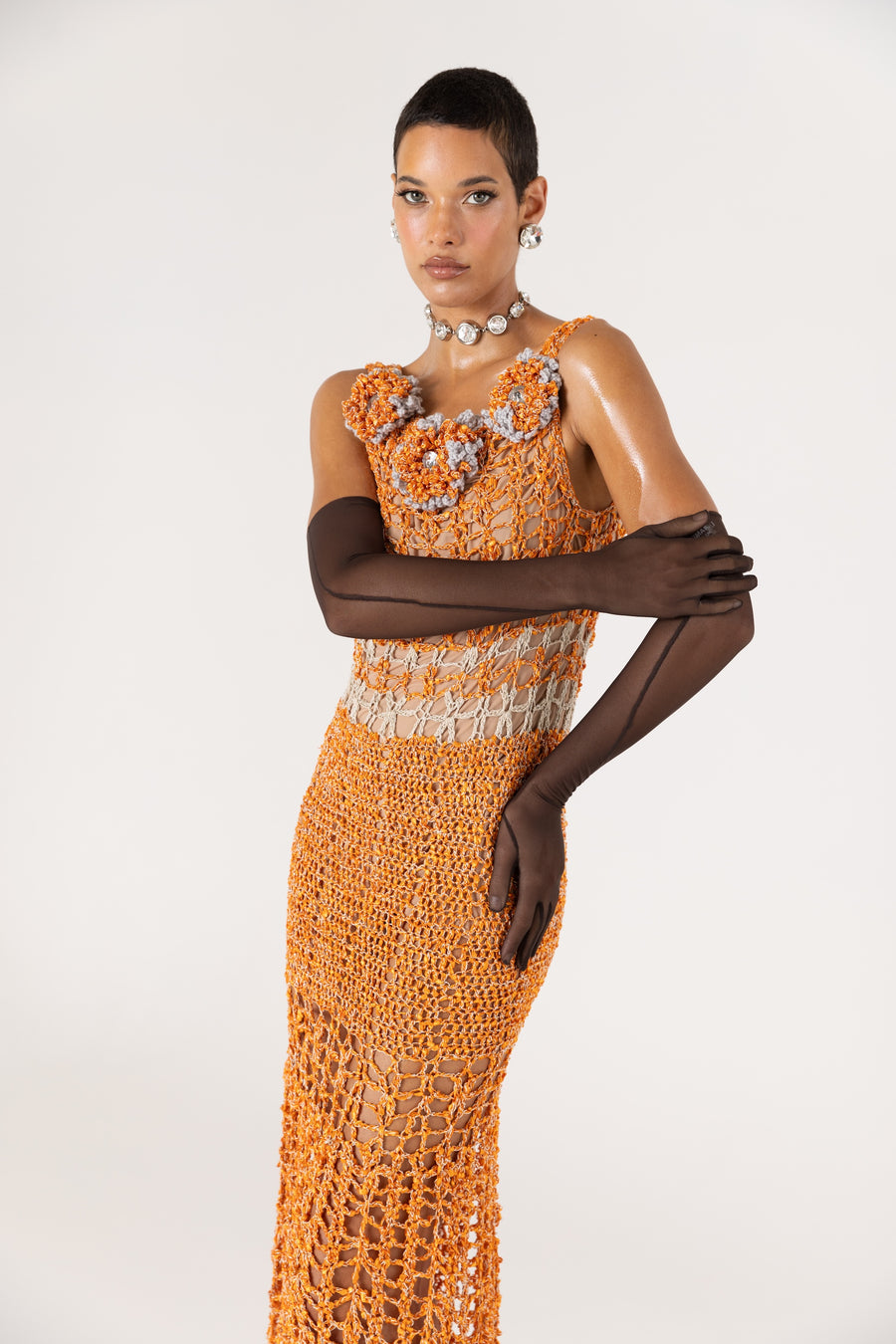 andreeva women's orange maxi crochet dress