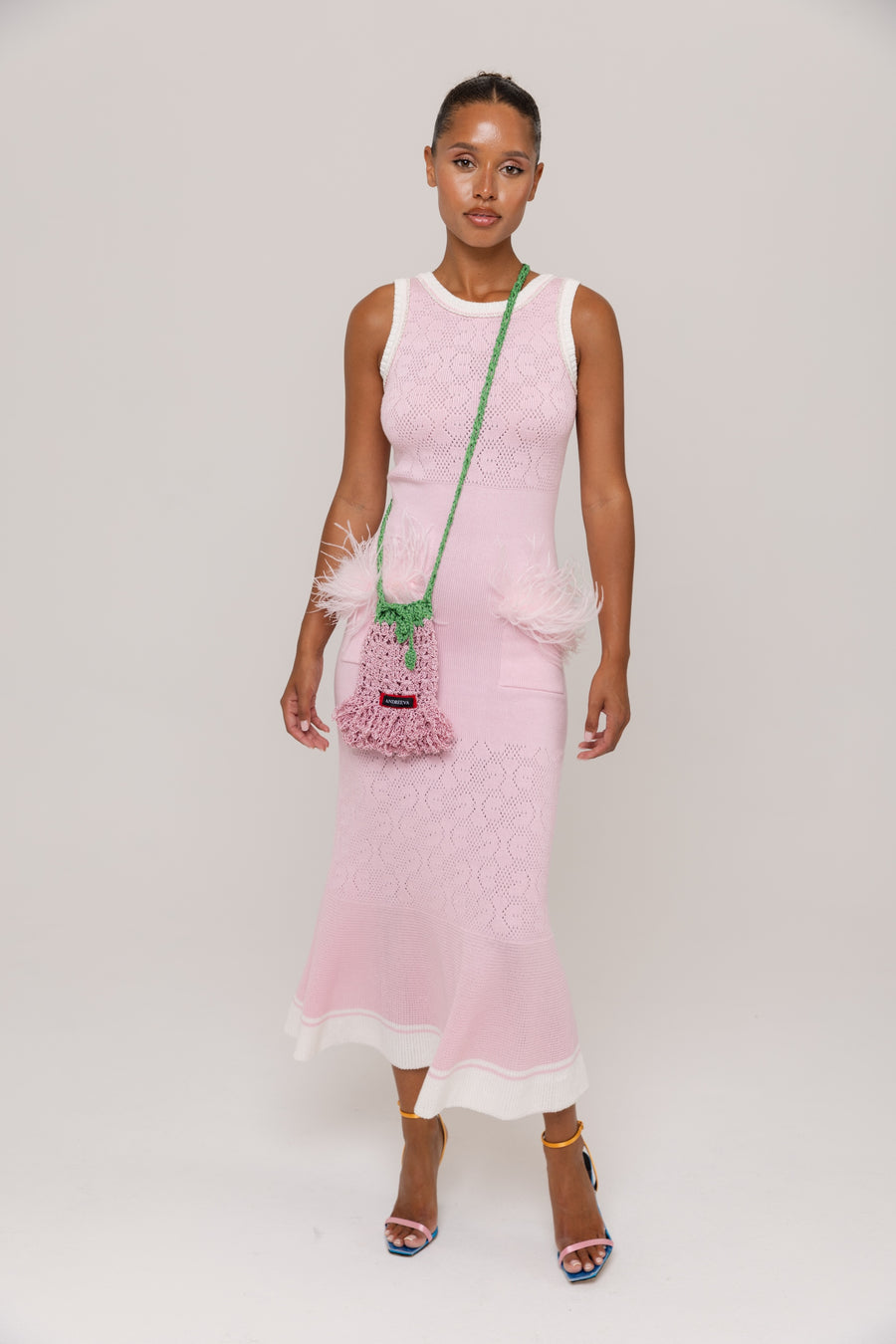 andreeva womens pink knit dress with feathers