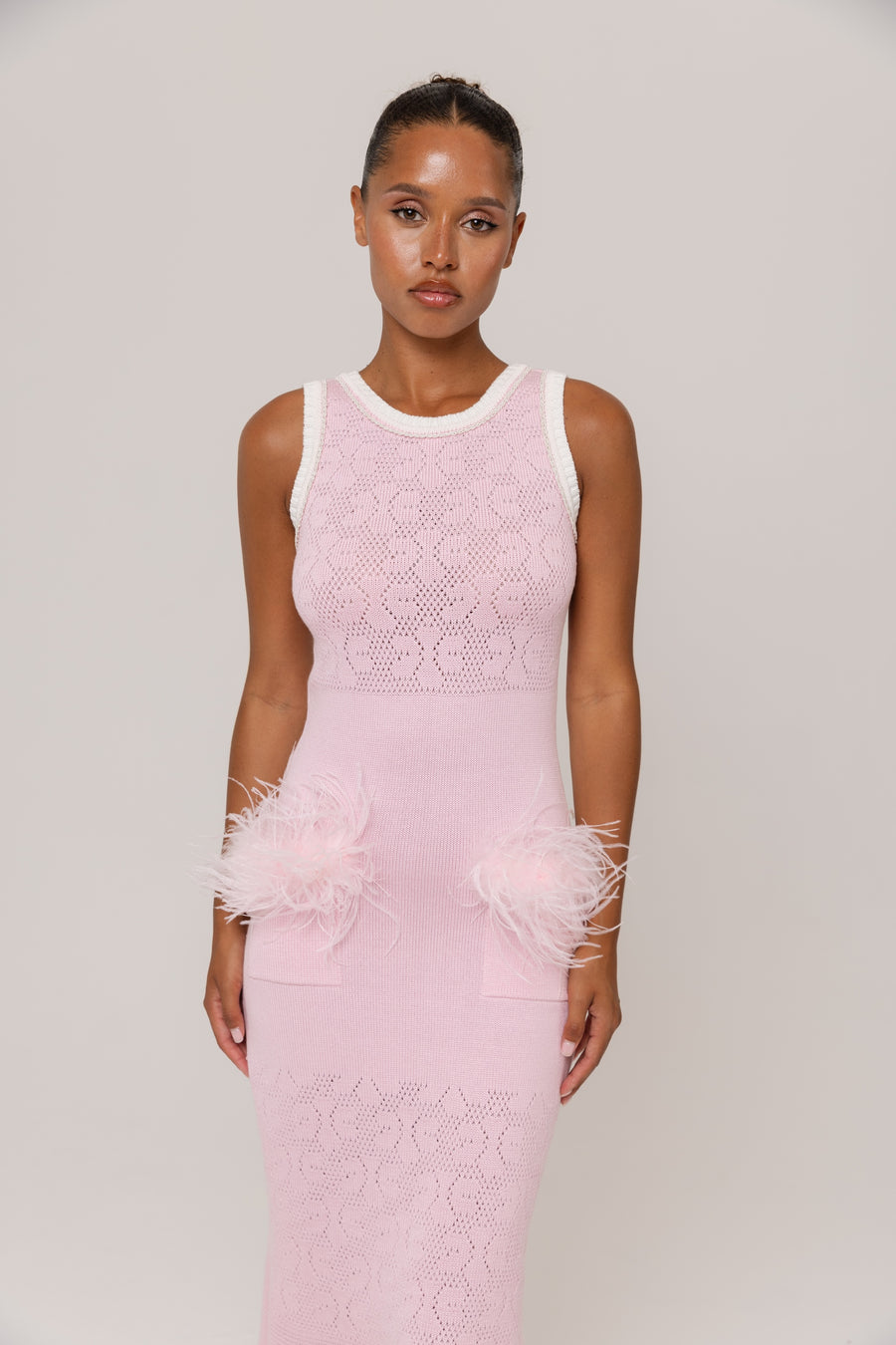 ANDREEVA | Peony Knit Dress With Real Ostrich Feather Details XS / Pink ANDREEVA | Peony Knit Dress With Real Ostrich Feather Details XS / Pink