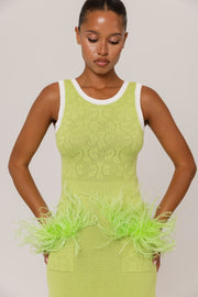 andreeva green knit dress with feathers