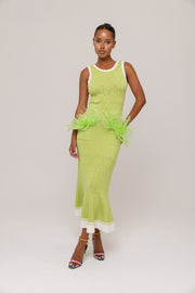 andreeva green knit dress with feathers