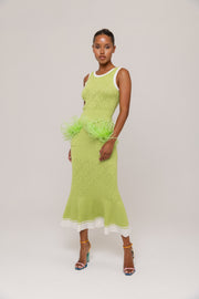 andreeva green knit dress with feathers