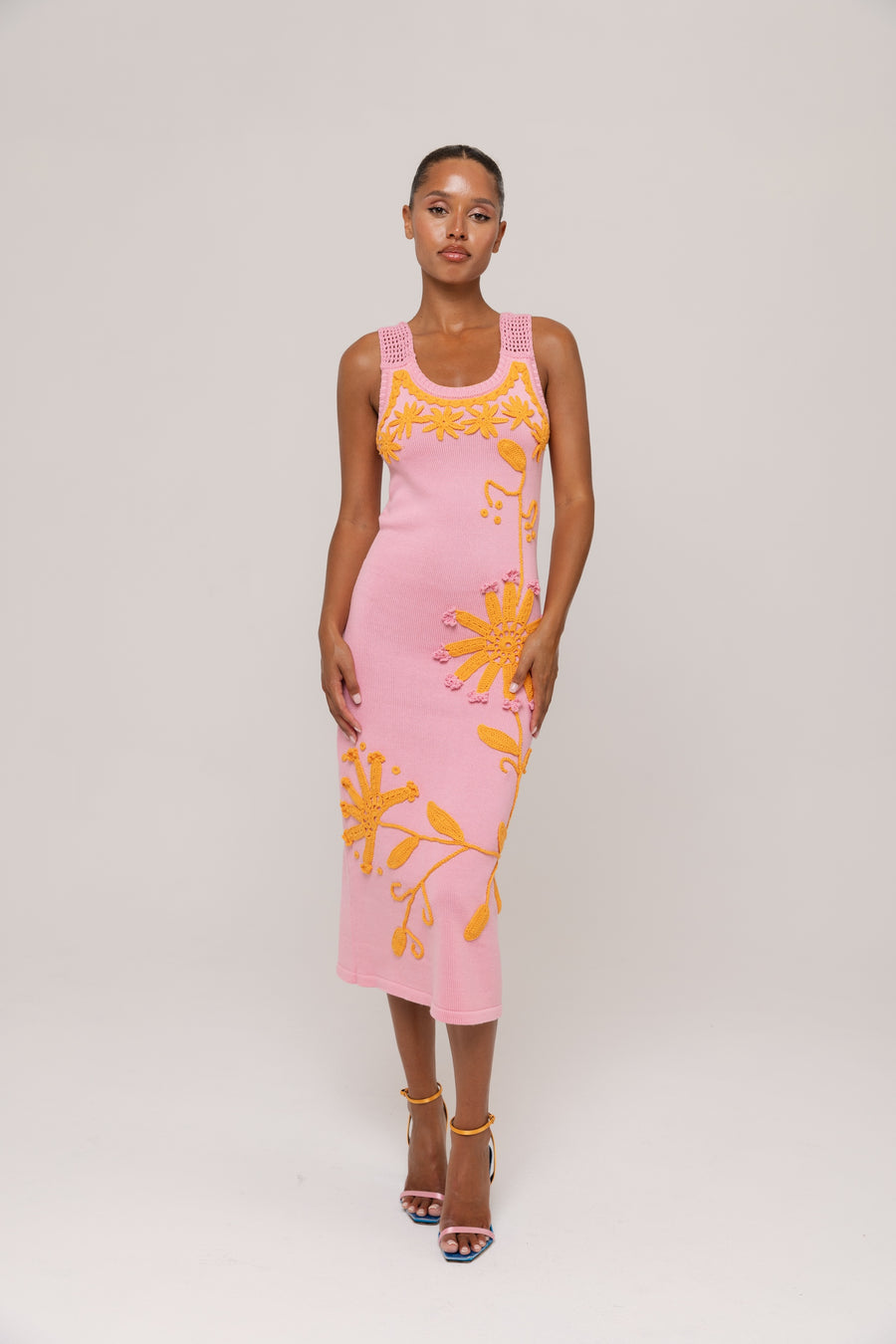 andreeva pink knit midi dress with embroidery