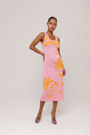 andreeva pink knit midi dress with embroidery