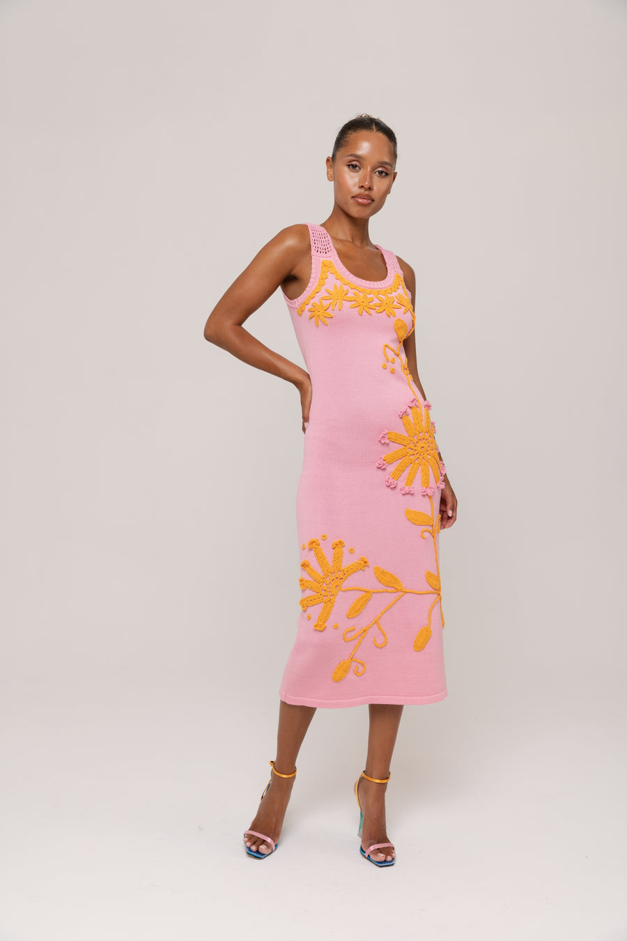 andreeva pink knit midi dress with embroidery