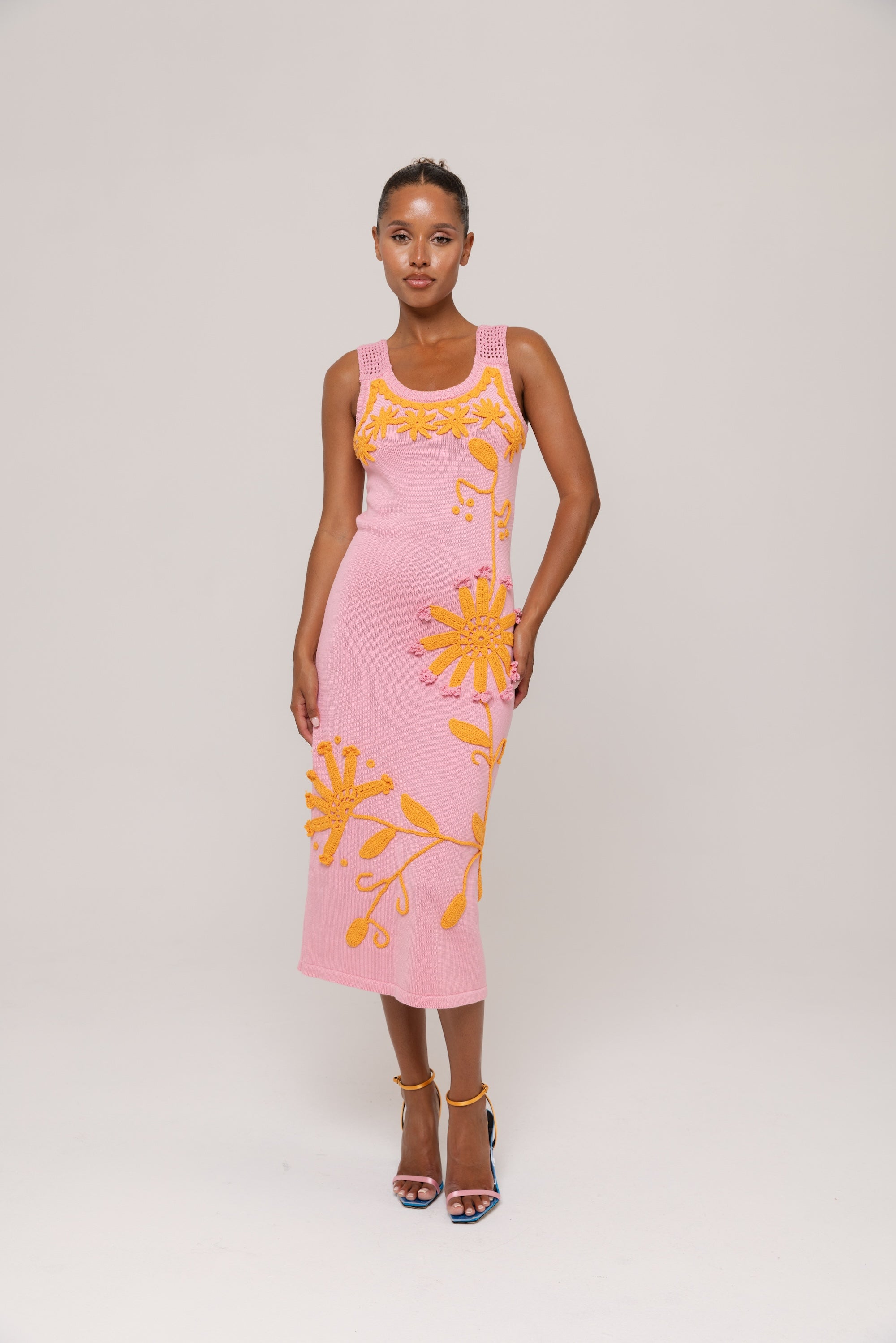 andreeva pink knit midi dress with embroidery