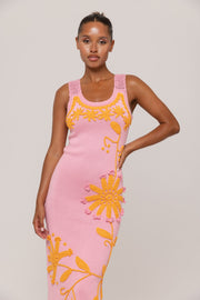andreeva pink knit midi dress with embroidery