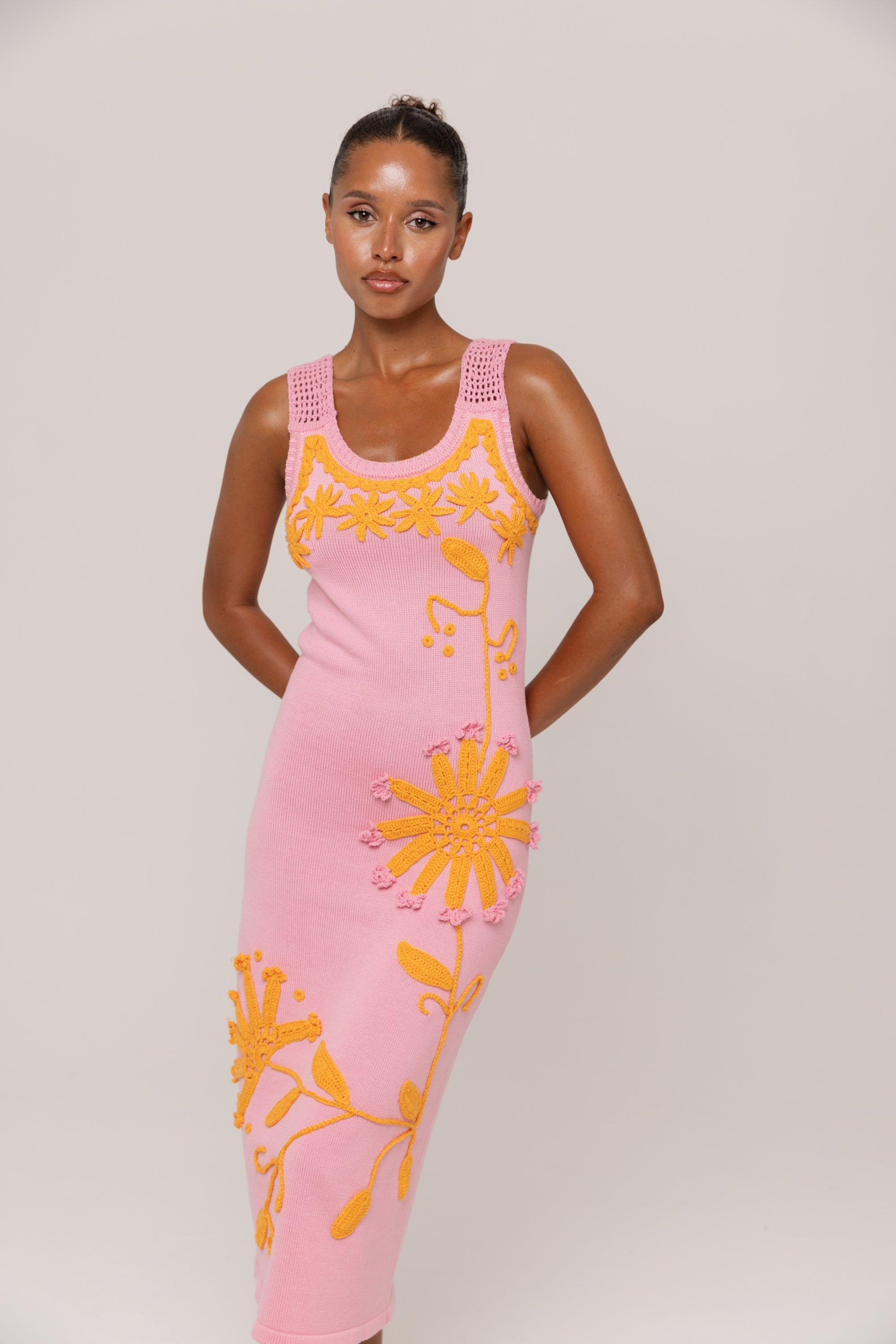 ANDREEVA | Golden Daisy Knit Dress With Handmade Embroidery