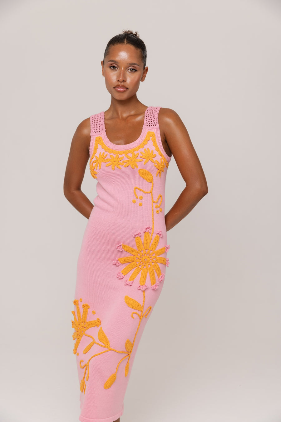 andreeva pink knit midi dress with embroidery