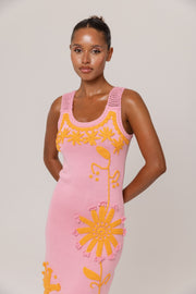 andreeva pink knit midi dress with embroidery