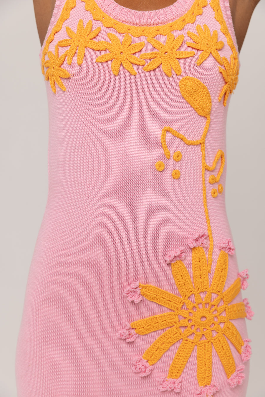 andreeva pink knit midi dress with embroidery