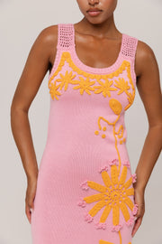 andreeva pink knit midi dress with embroidery
