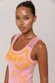 andreeva pink knit midi dress with embroidery