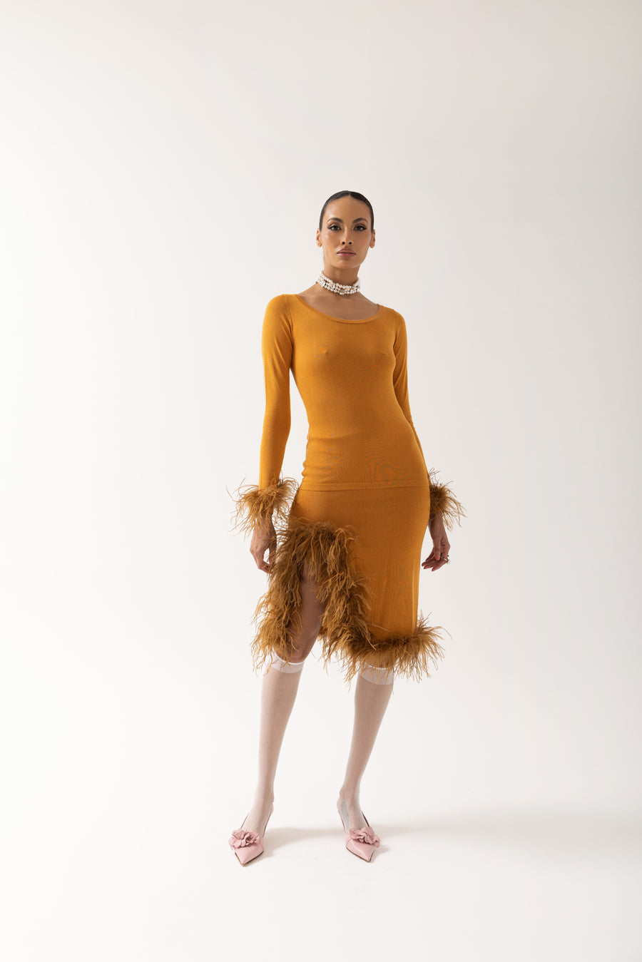 andreeva camel knit top with feathers