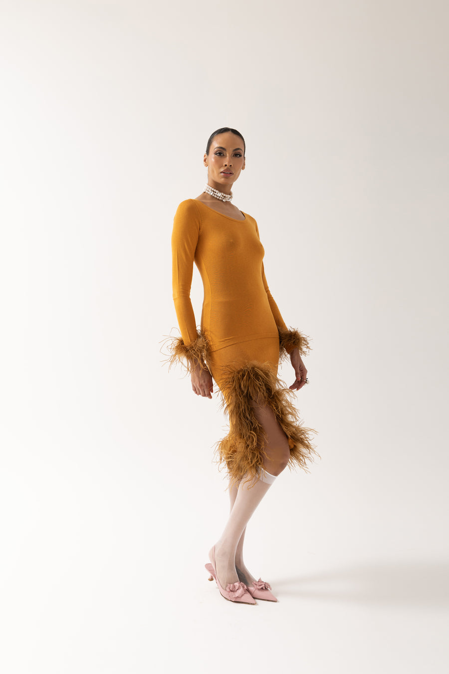 andreeva camel knit top with feathers
