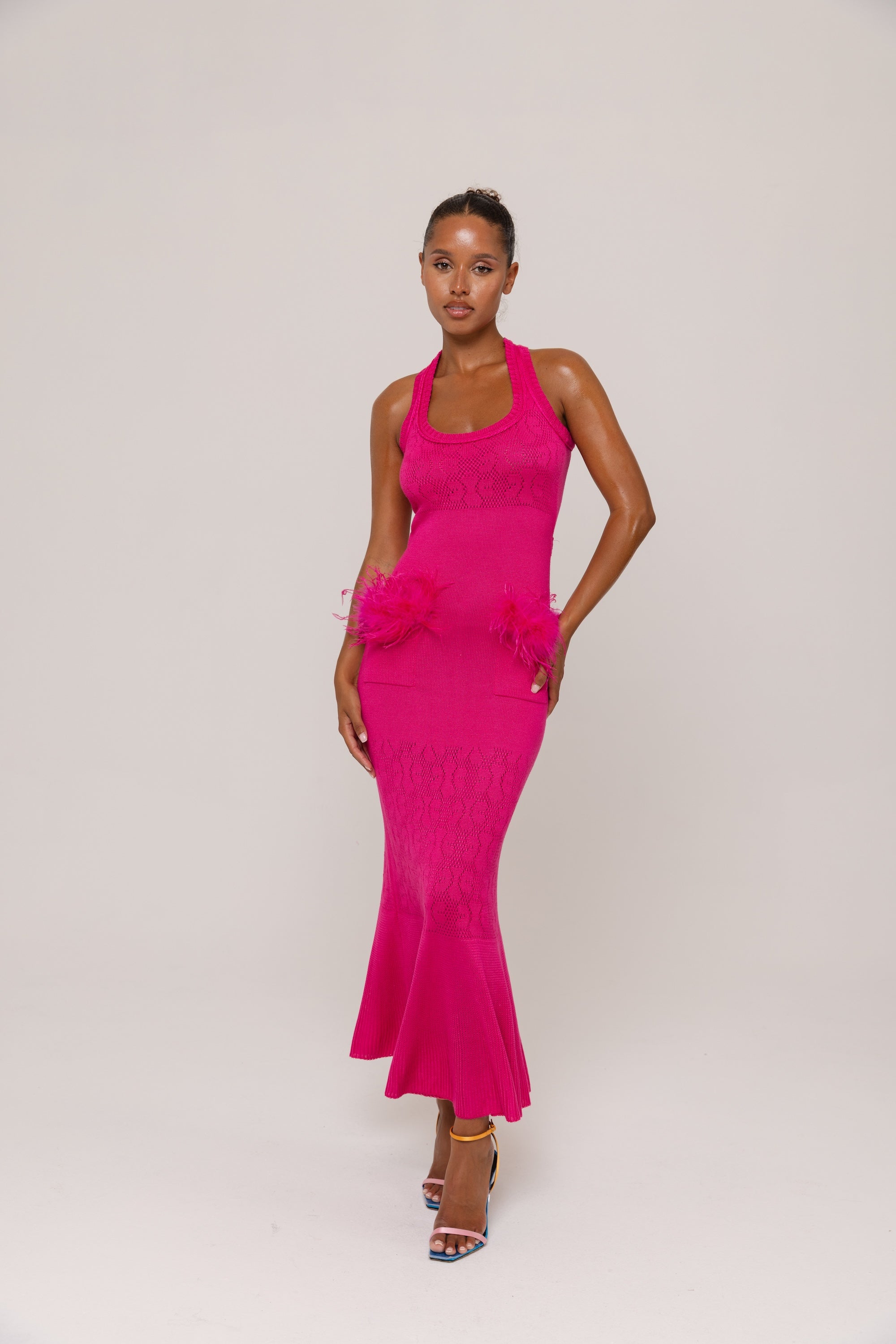andreeva pink knit dress with feathers