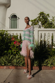 Lavender Handmade Knit Cardigan With Feather Cuffs