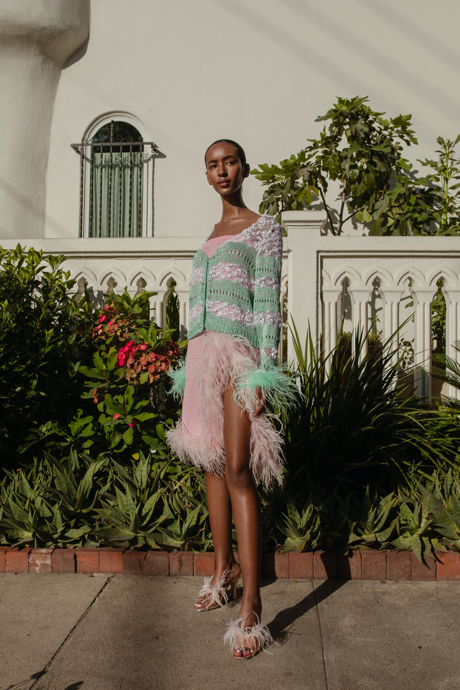 Lavender Handmade Knit Cardigan With Feather Cuffs