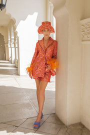 Red Jacquard Jacket With Detachable Feather Cuffs