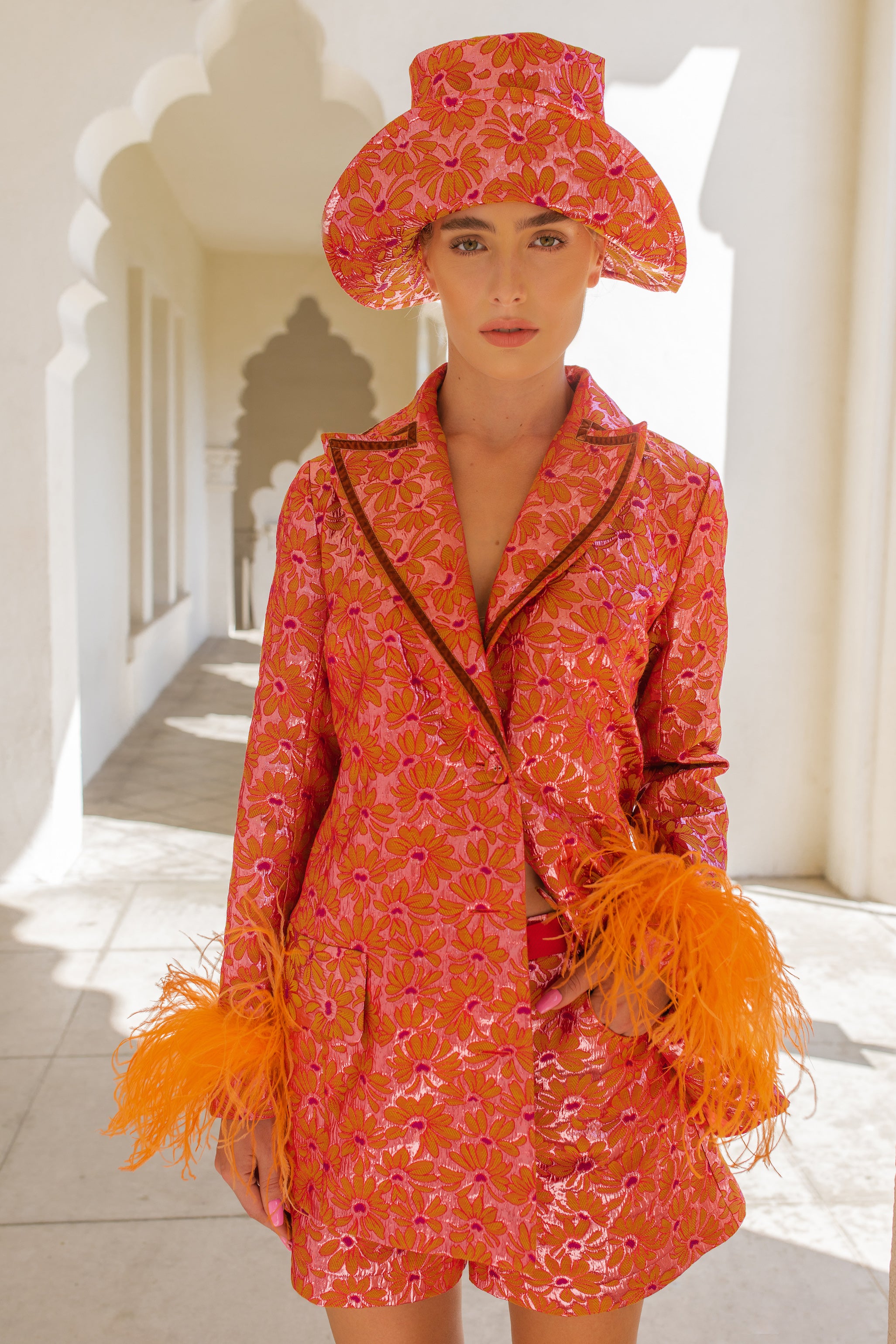Red Jacquard Jacket With Detachable Feather Cuffs