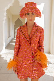 Red Jacquard Jacket With Detachable Feather Cuffs