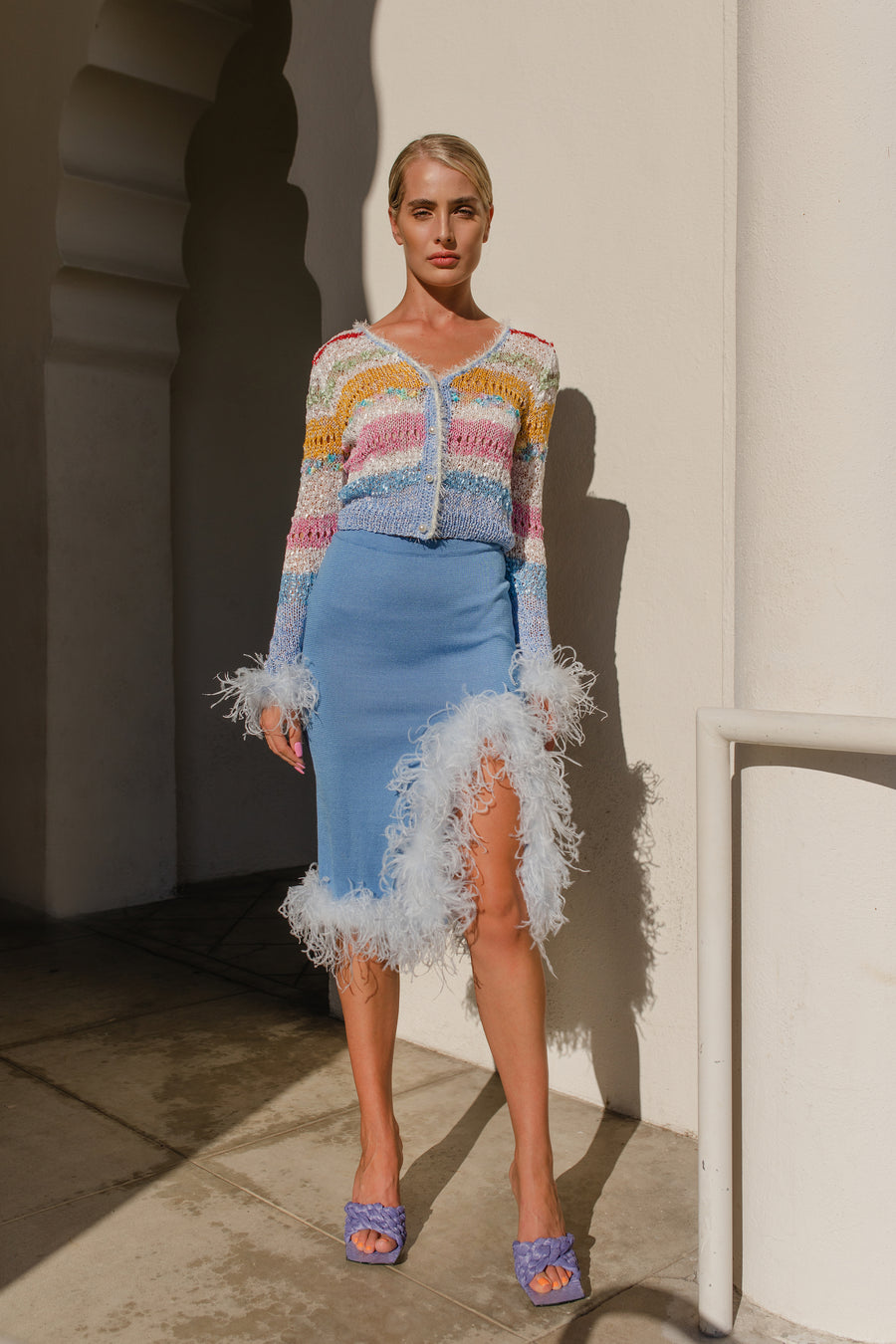 Blue Knit Skirt With Feathers