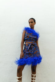 Blue skirt with ostrich feathers