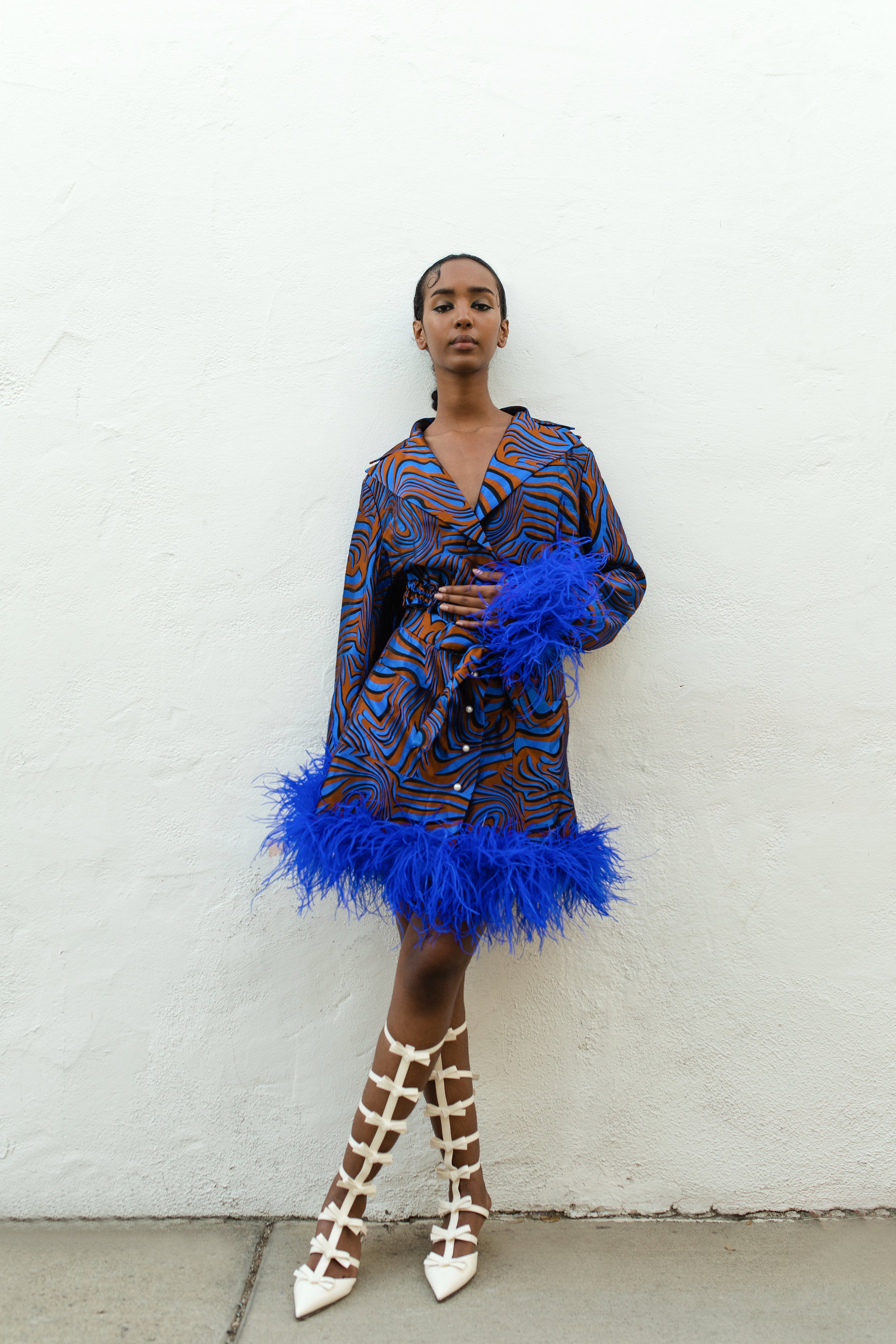 Blue skirt with ostrich feathers