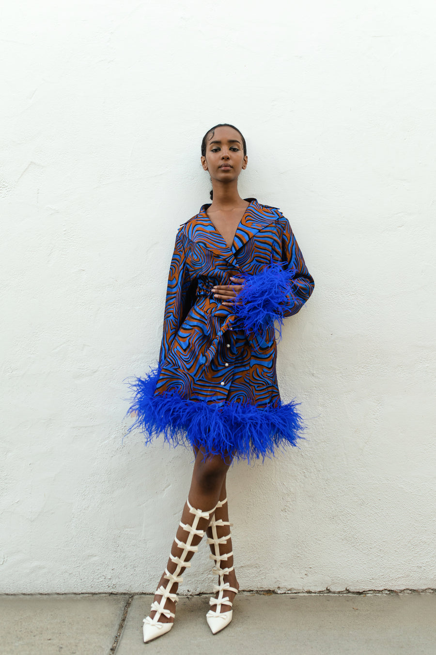 Blue skirt with ostrich feathers