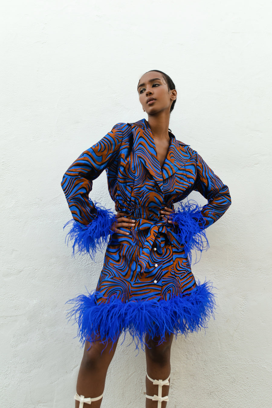 Blue skirt with ostrich feathers
