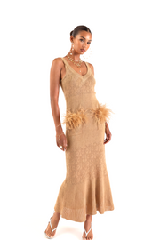 andreeva womens camel knit dress wirh feathers