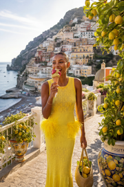 andreeva yellow knit dress with feathers