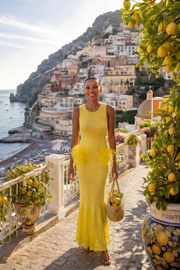 andreeva yellow knit dress with feathers