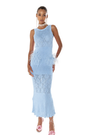 andreeva blue knit dress with feathers