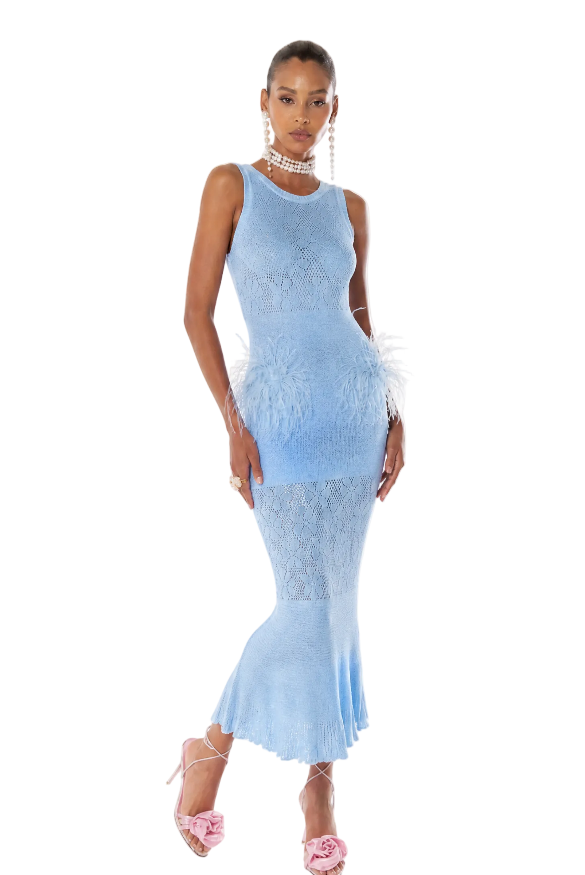 andreeva womens blue knit dress with feathers