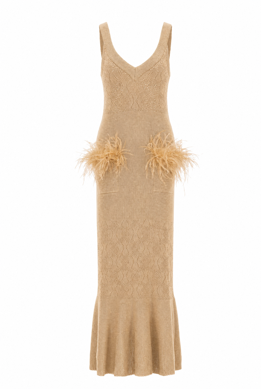 andreeva womens camel knit dress wirh feathers