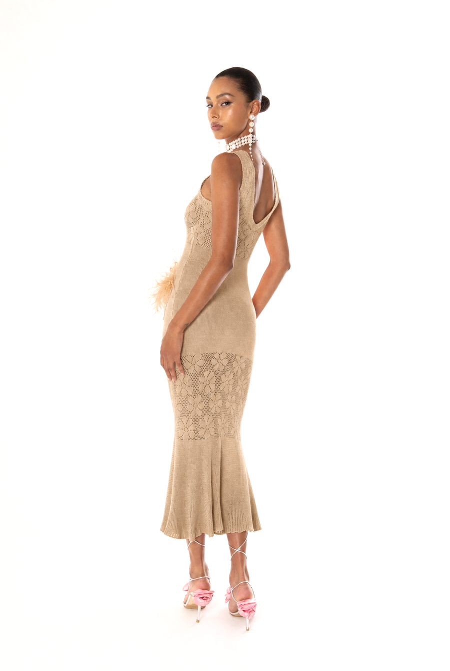 andreeva womens camel knit dress wirh feathers