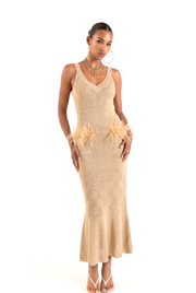 andreeva womens camel knit dress wirh feathers