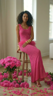 andreeva pink knit dress with feathers