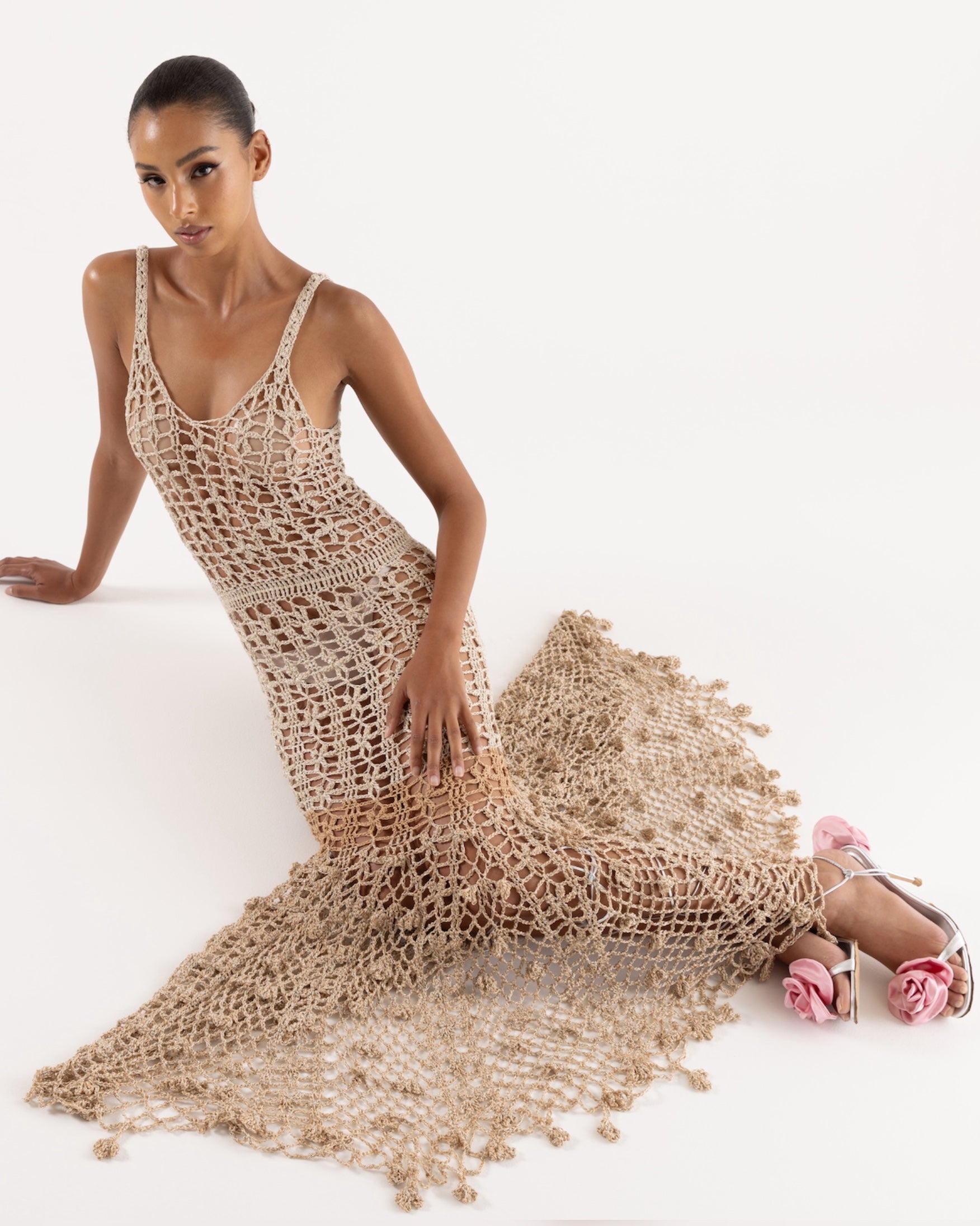 andreeva maxi gold crochet dress