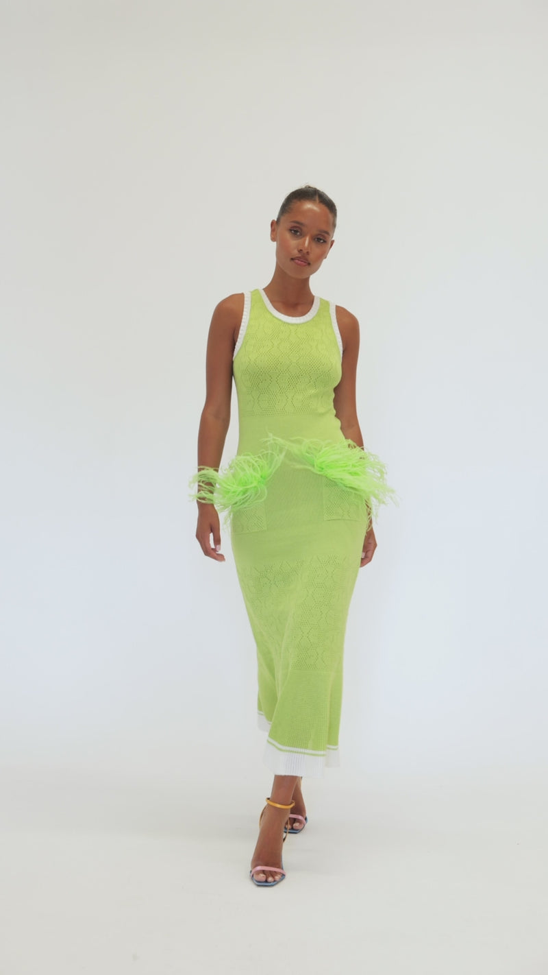 andreeva green knit dress with feathers