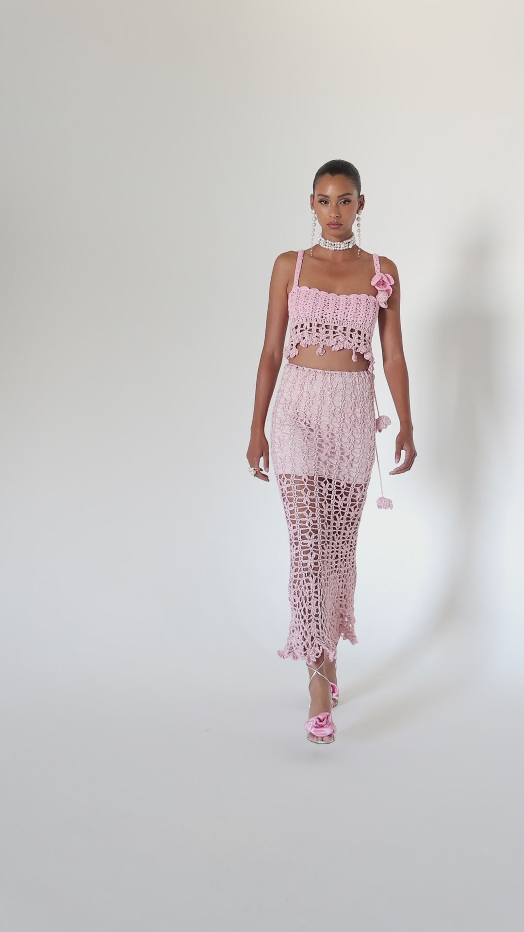 andreeva pink handmade crochet midi skirt