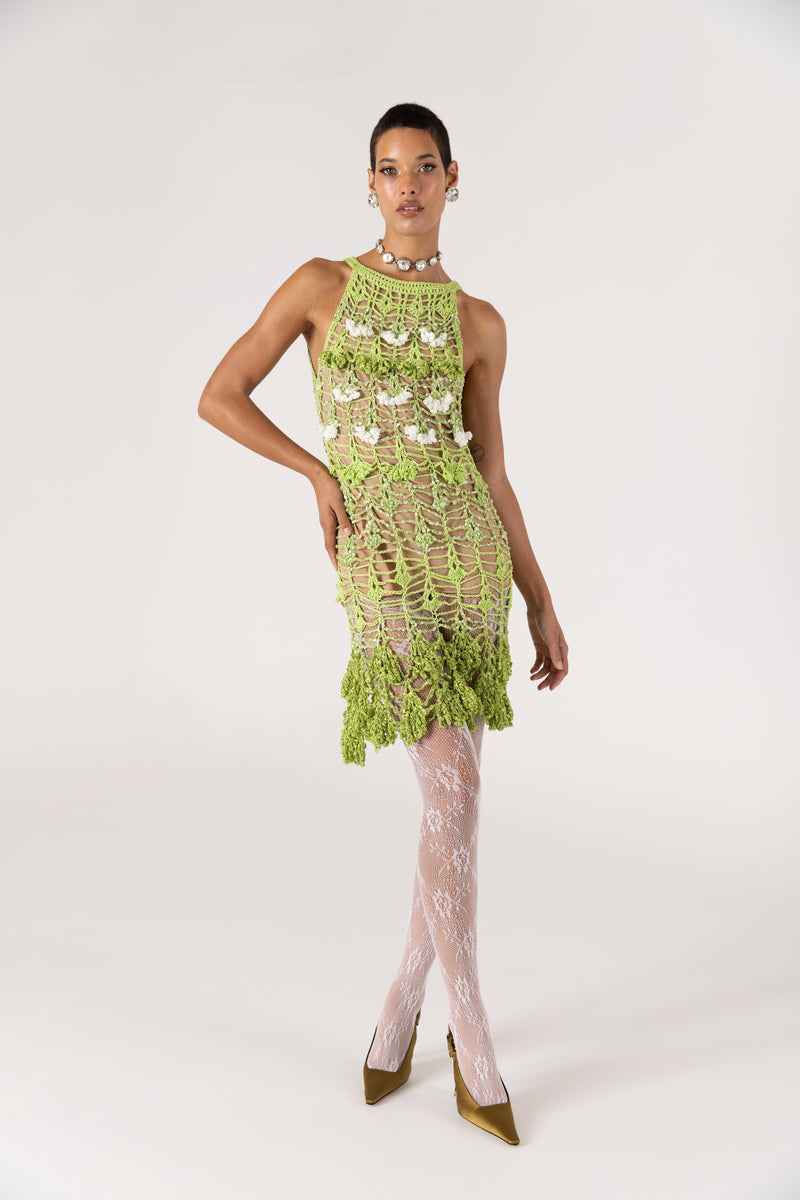 andreeva womens green crochet mini dress